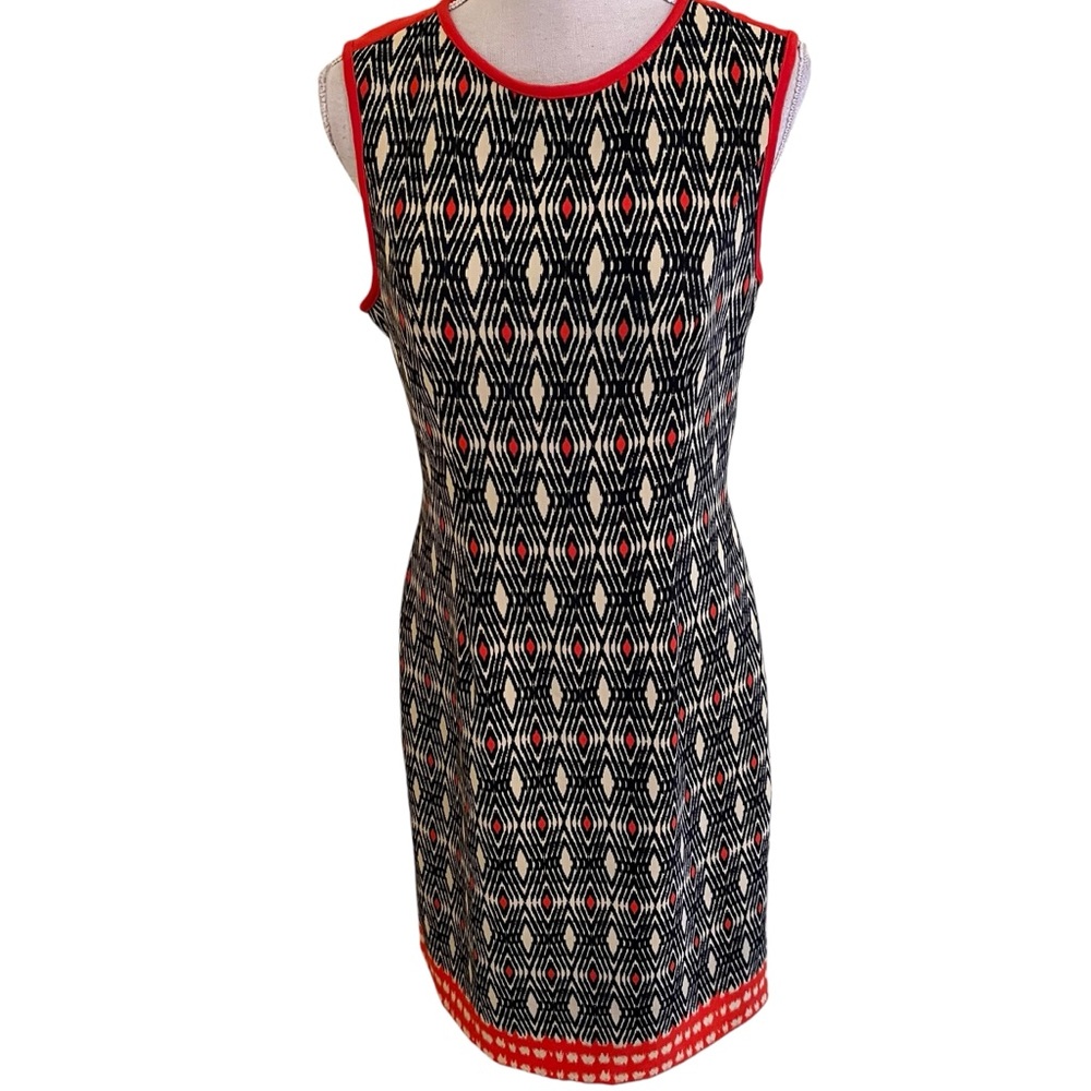 Muse Navy Blue/Orange/Tan Scuba Knit Open Back Sheath Dress 14